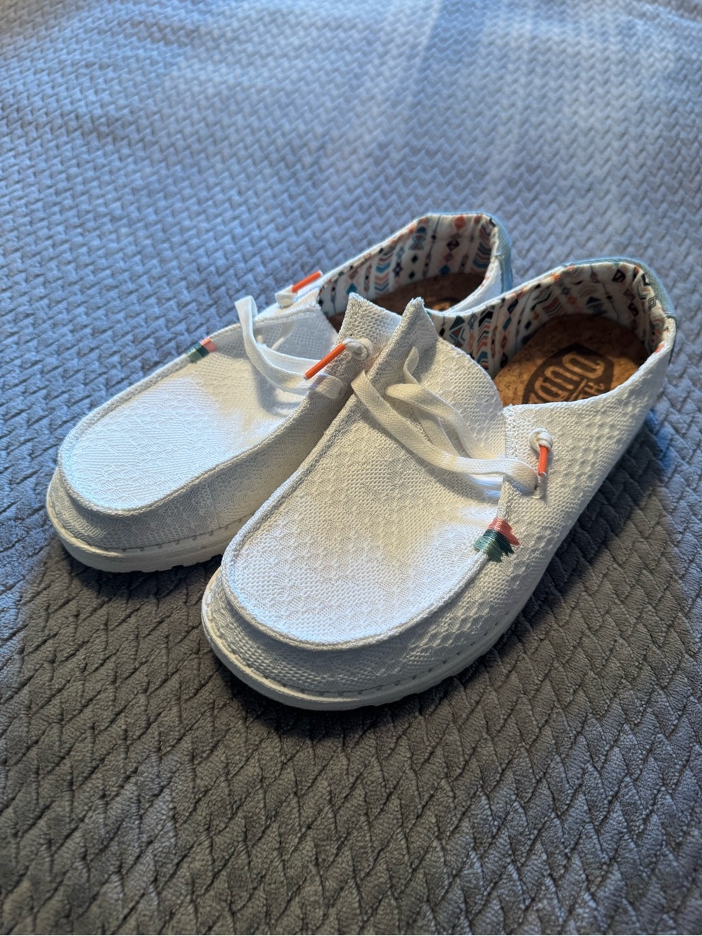 Hey Dude Wendy Crochet White Slip-On Flats with Orange and Teal Accents
